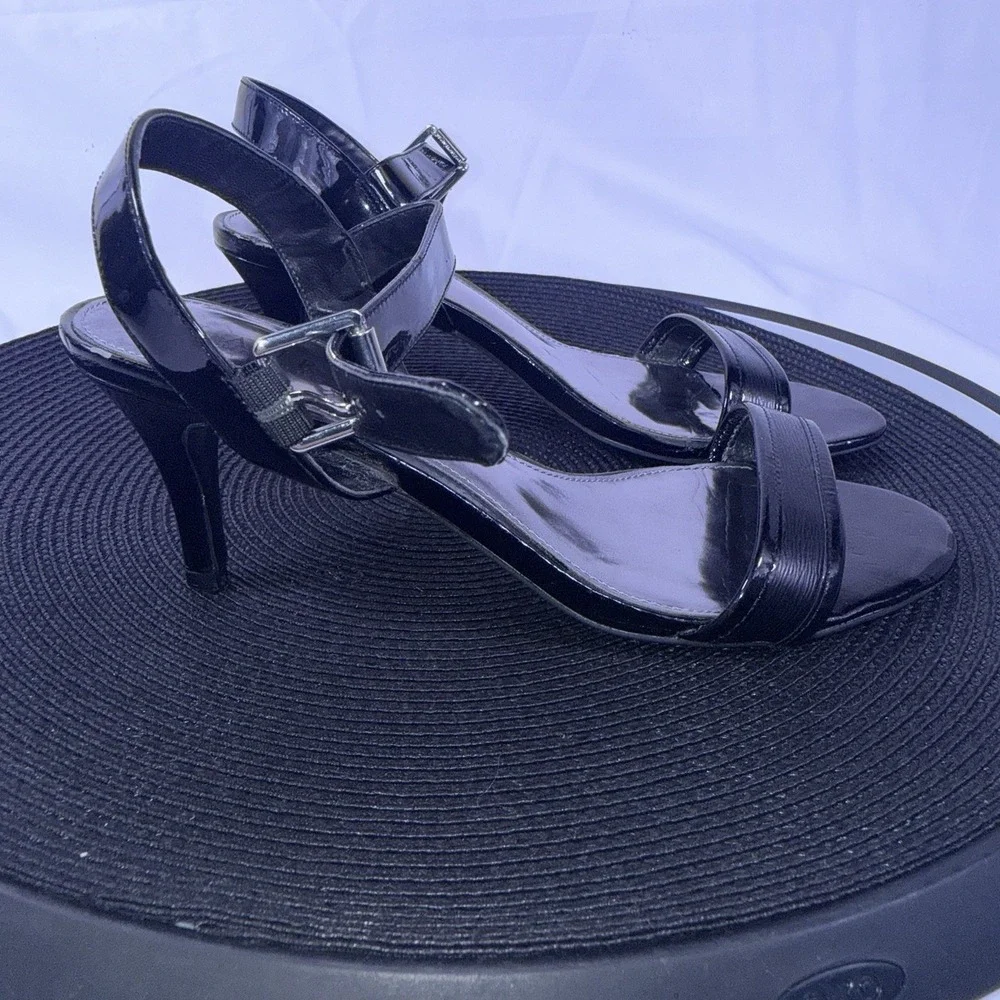 Ralph Lauren Open Toe Black Shiny Leather Ankle Strap Heels Size 7B
